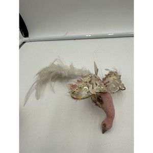 8" Vtg Xmas Ornament Bird Lace Feather Victorian Christmas Bead Wedding Pink Whi